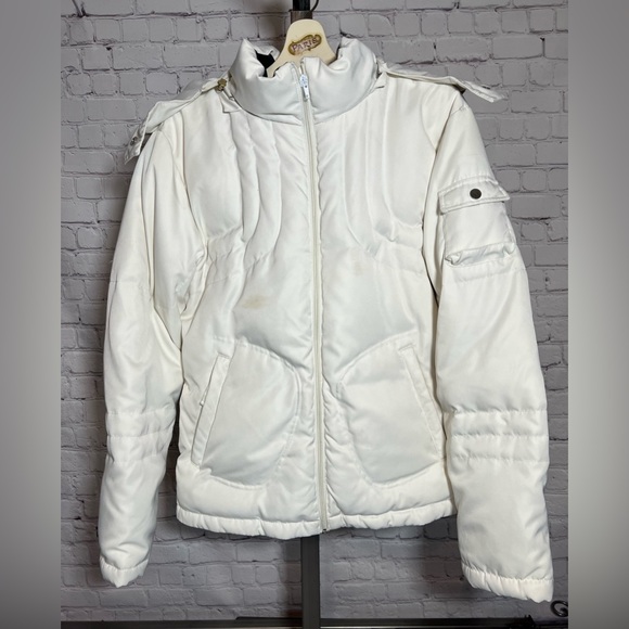 Cream white puffer coat with faux fur lined hood. Size Med. Super cute & cozy. - Picture 11 of 14